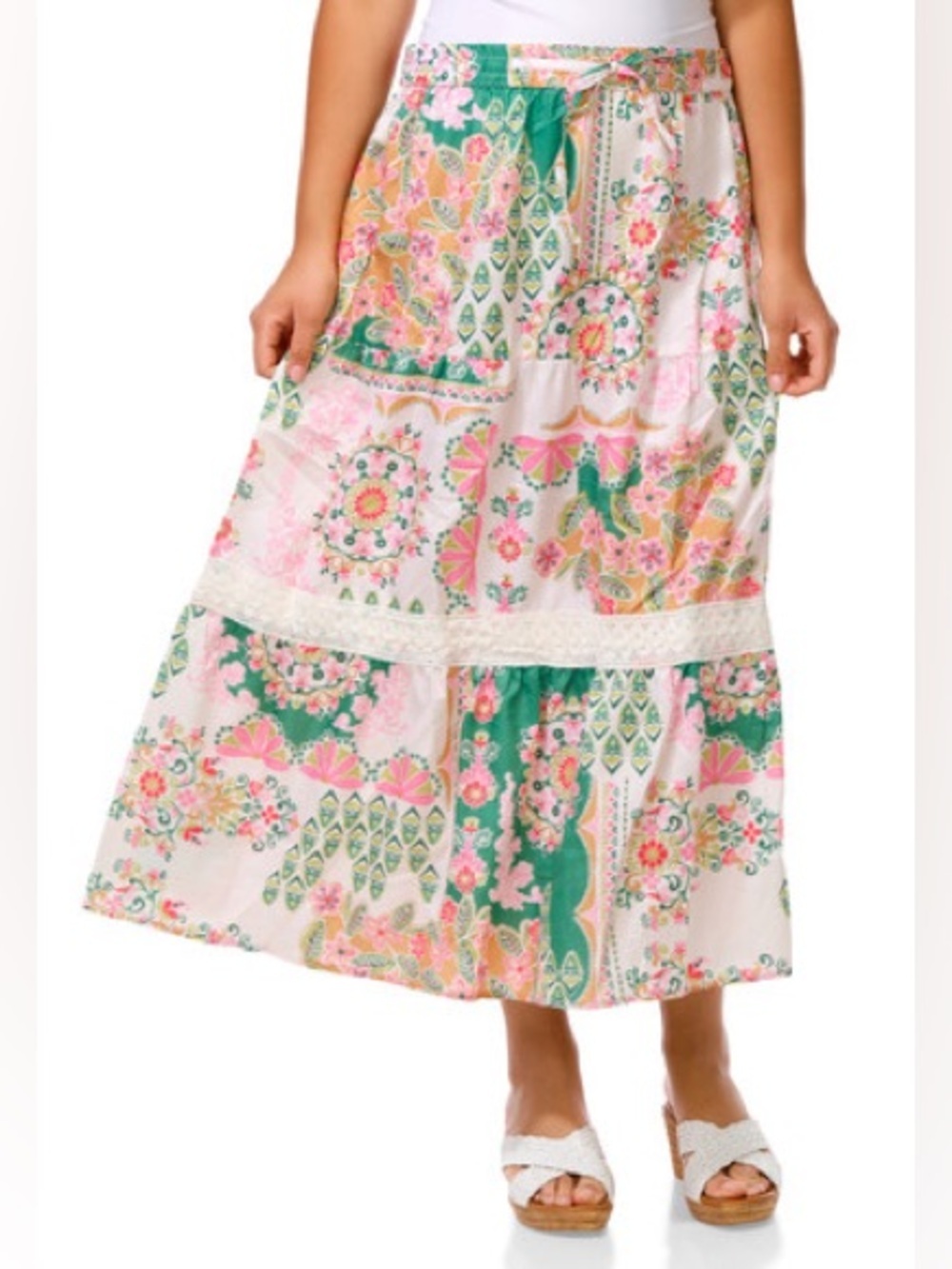 Cupio Pink, Green & Cream Floral Patchwork Maxi Skirt